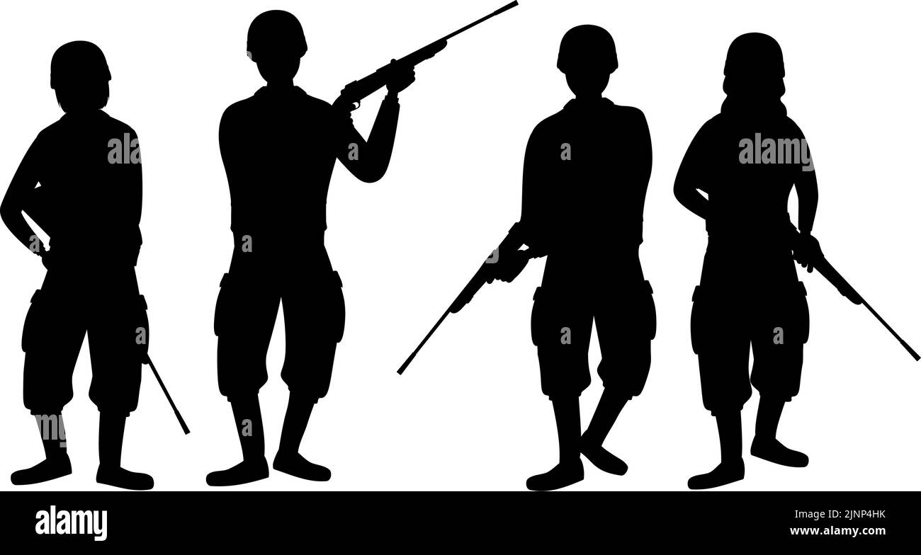 Silhouette di quattro soldati in possesso di fucili, guerra e selvaggio gioco. Illustrazione Vettoriale