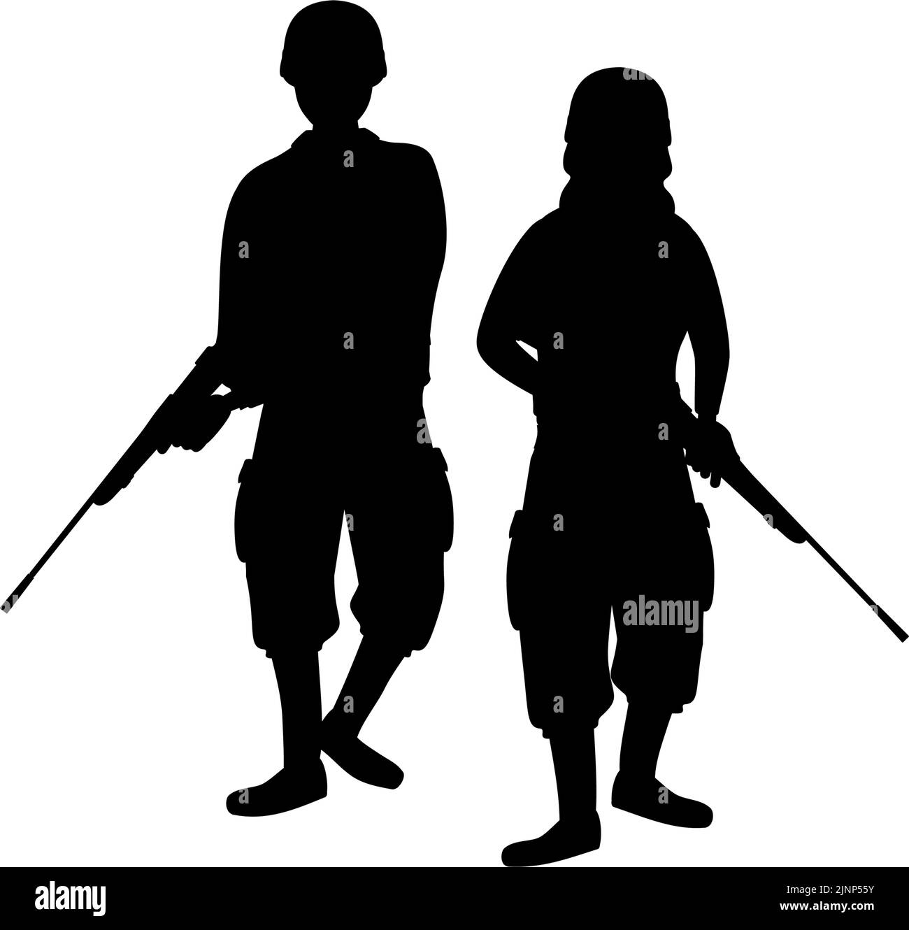 Silhouette di due soldati in possesso di fucili, guerra e selvaggio gioco. Illustrazione Vettoriale