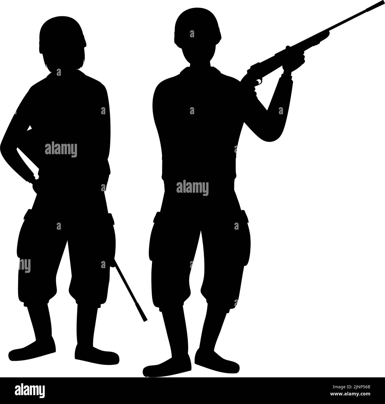 Silhouette di due soldati in possesso di fucili, guerra e selvaggio gioco. Illustrazione Vettoriale