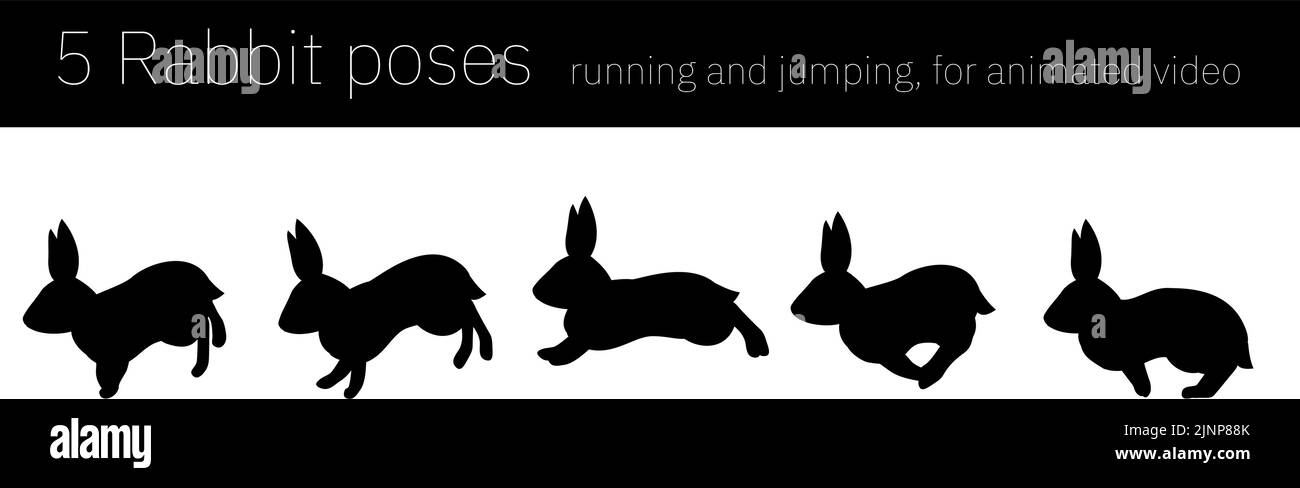 Movimenti di coniglio per animazione, corsa e salto, silhouette Illustrazione Vettoriale