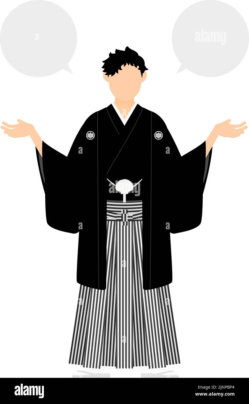 Un uomo in kimono, che indossa un hakama crestato, parla a braccia aperte (con palloncino) Illustrazione Vettoriale