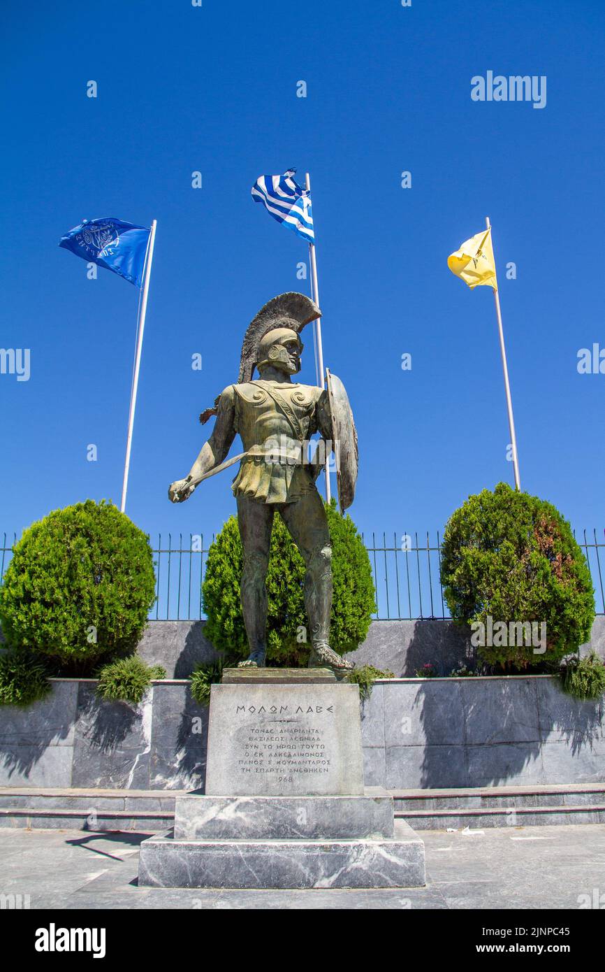 Sparta, Grecia, 20 luglio 2022. Statua di Leonida nelle strade di Sparta Foto Stock