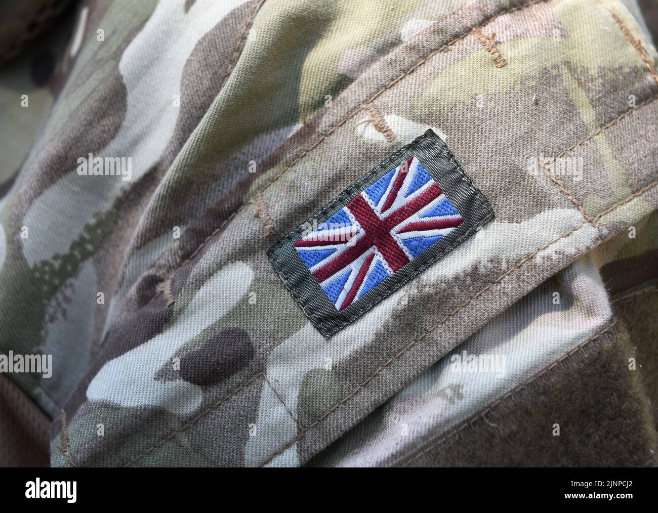 Bandiera del Regno Unito sul braccio dei soldati. Militare britannico. Forze armate britanniche. Esercito britannico Foto Stock