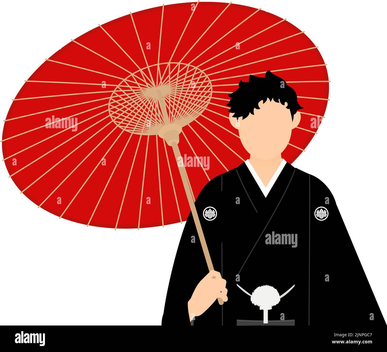 Un uomo in kimono, che indossa un hakama crestato, che si posa con un ombrello Illustrazione Vettoriale