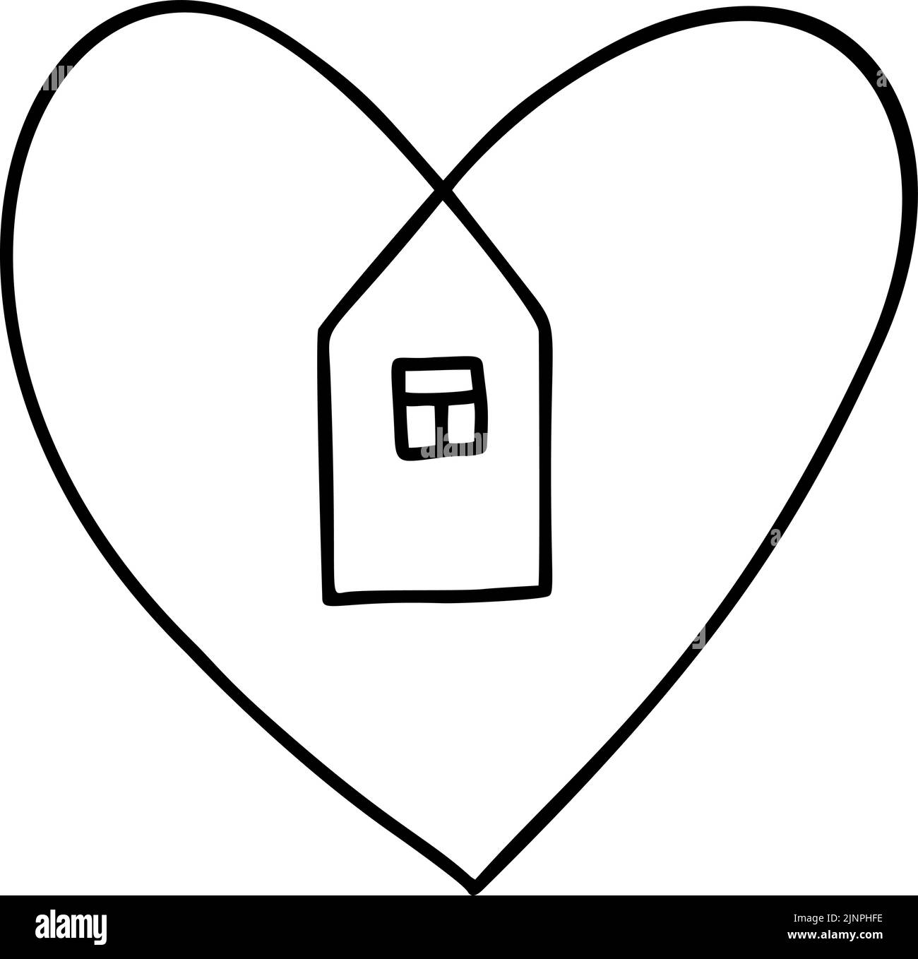 Casa con cuore vettore mano disegnata monolina logo icona immobiliare, forma dentro. Amore simbolo casa, illustrazione isolata su sfondo bianco Illustrazione Vettoriale