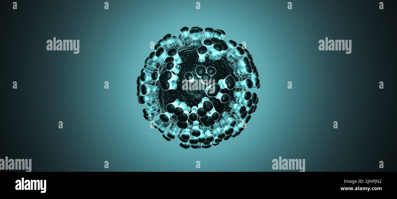 Illustrazione concettuale di una singola cellula virale su sfondo blu, visualizzazione di un'infezione virale Foto Stock