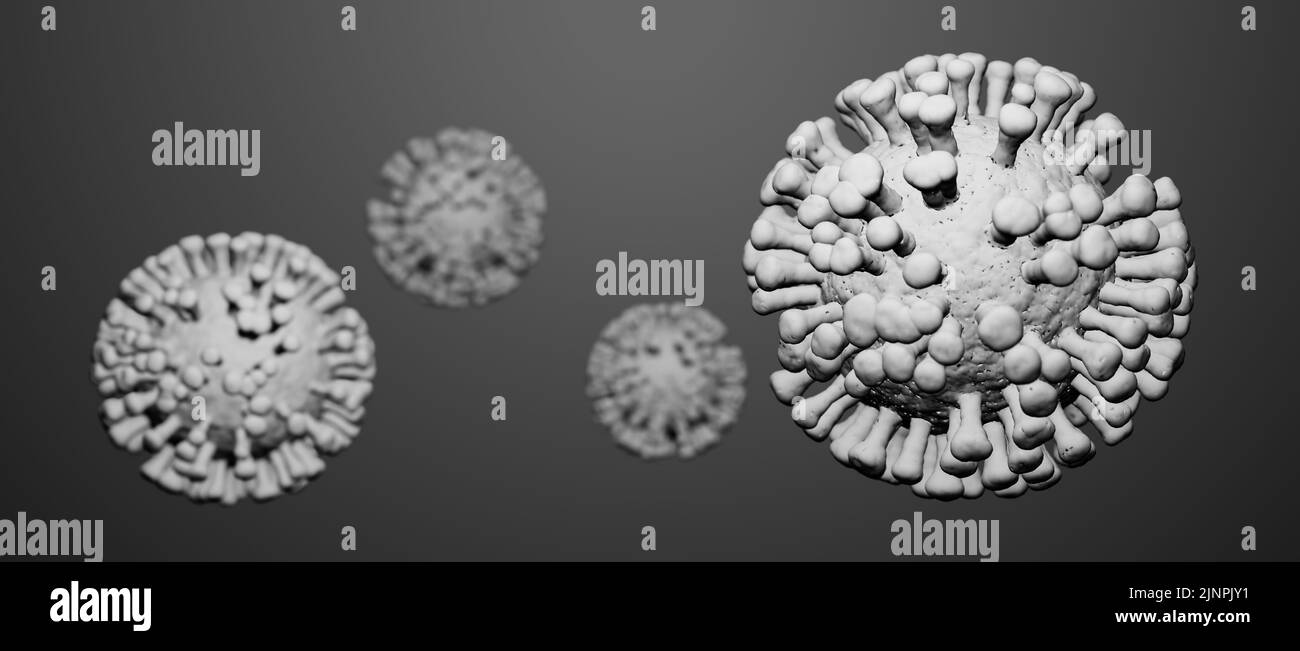 Illustrazione concettuale di un gruppo di cellule virali su sfondo grigio, visualizzazione di un'infezione virale Foto Stock