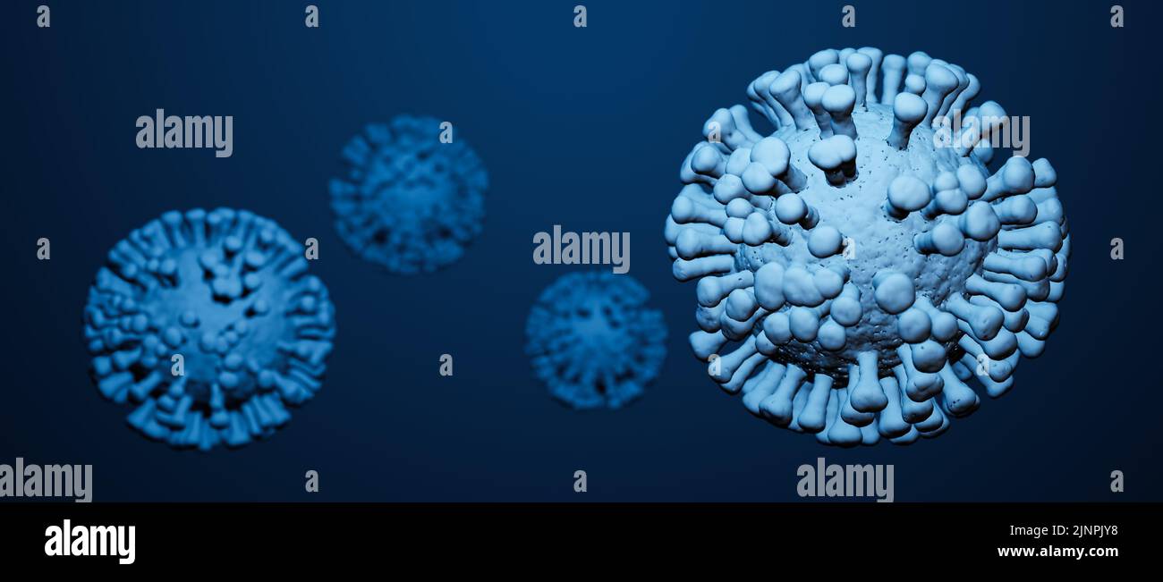 Illustrazione concettuale di un gruppo di cellule virali su sfondo blu, visualizzazione di un'infezione virale Foto Stock