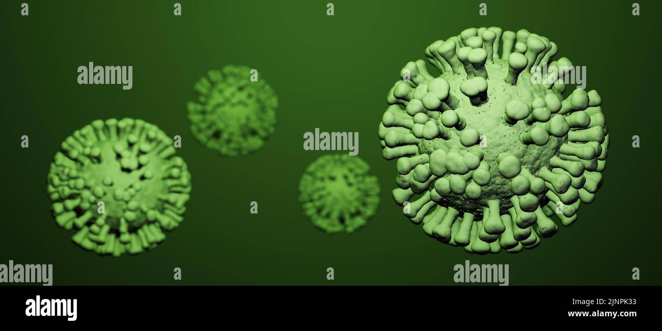 Illustrazione concettuale di un gruppo di cellule virali su sfondo verde, visualizzazione di un'infezione virale Foto Stock