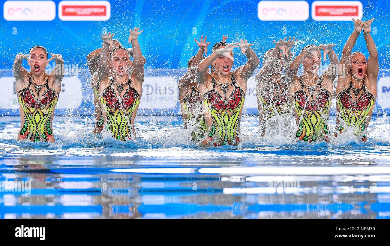 Roma, Italia. 13th ago, 2022. ITALIA-B, ANDINA Beatrice/DI LECCE Arianna, ESEGIO Beatrice/MACCHI Alessia, PEDOTTI Susanna/TABBIANI Sophie, VERNICE Giulia/PETTA BeatriceTeam Free Preparal Artistic Swimming Rome, 13/8/2022 Stadio Nicola Pietrangeli XXVI LEN Campionati europei Roma 2022 Foto Pasquale F. meefemoto/andrea Defimia Live Infidefimia/alfidefimoto Foto Stock