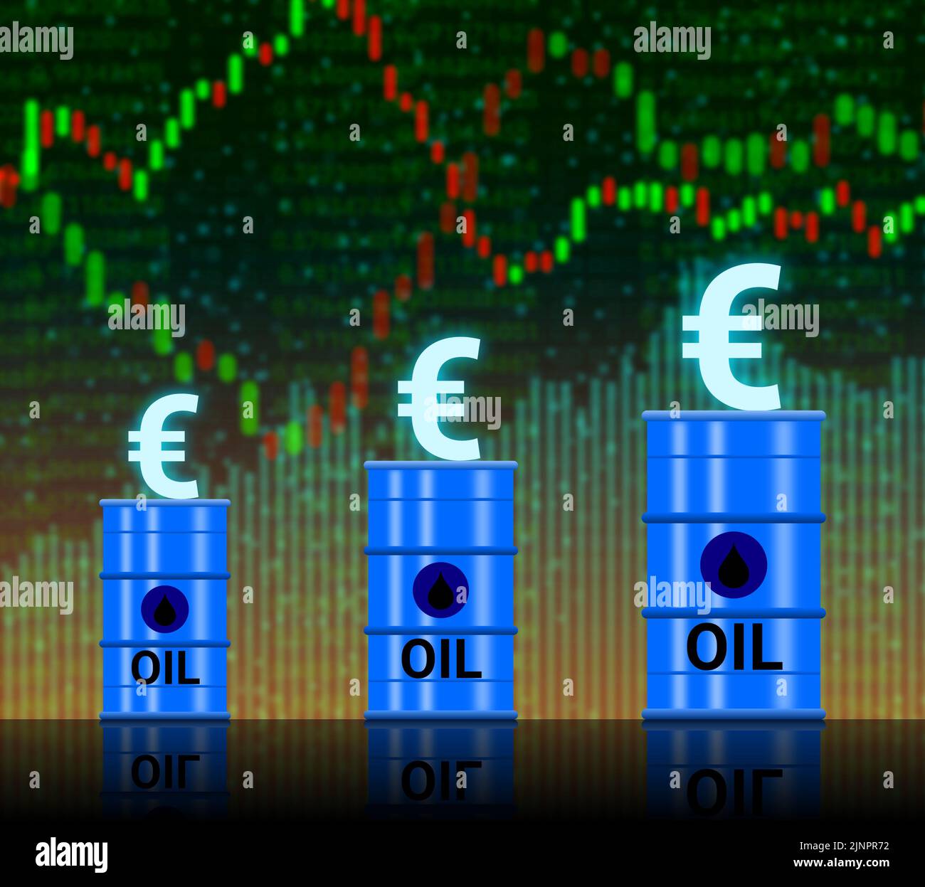 aumento giornaliero del prezzo del petrolio con il simbolo luminoso dell'euro e i grafici verso l'alto e verso il basso. concetto di effetto del prezzo del petrolio sull'economia nazionale. prezzo del petrolio, domanda e tasso i Foto Stock