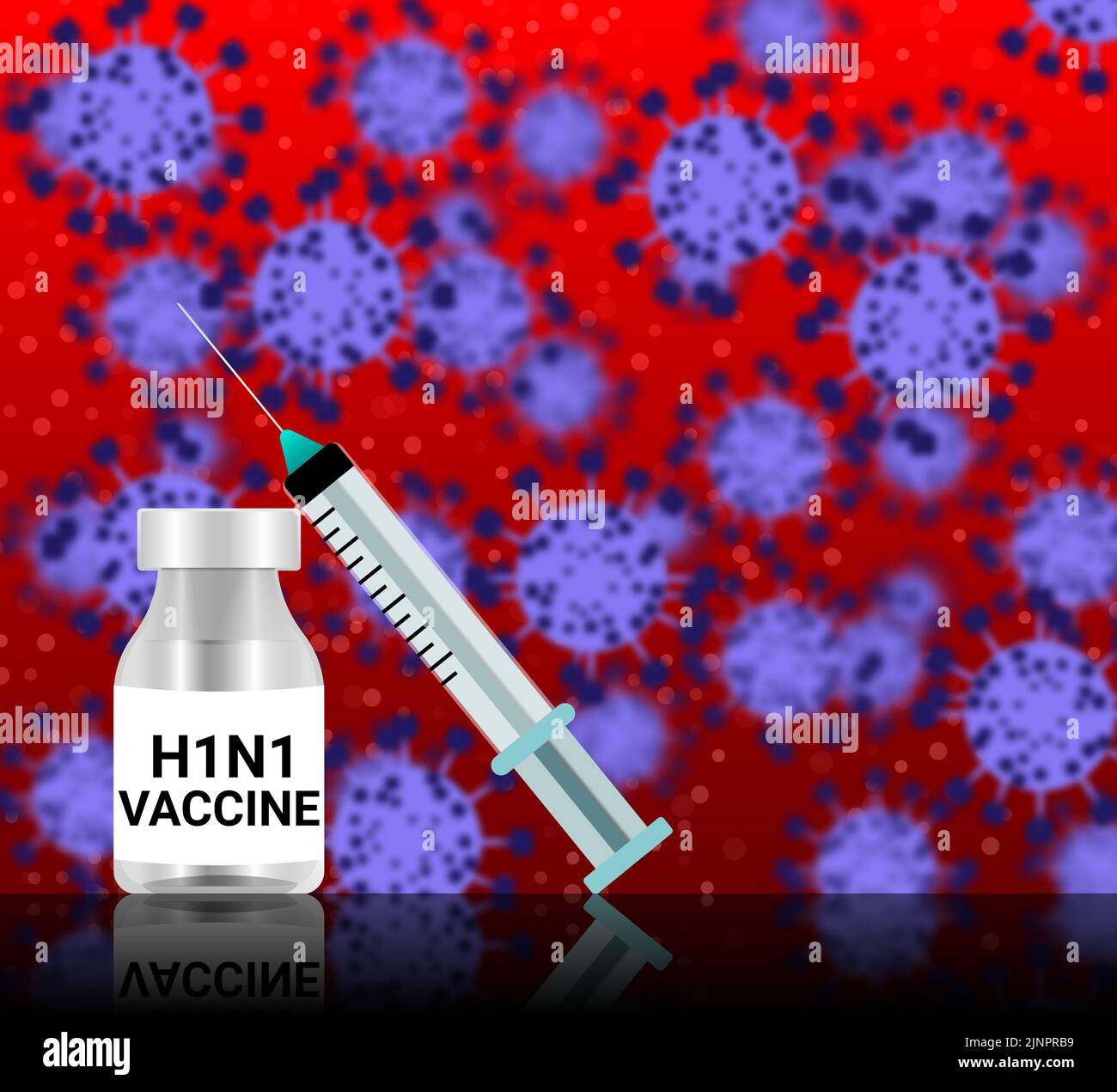 Vaccino contro il virus H1N1 su sfondo sfocato e riflessione superficiale. Ricerca medica e sensibilizzazione sanitaria illustrazione e background. Foto Stock