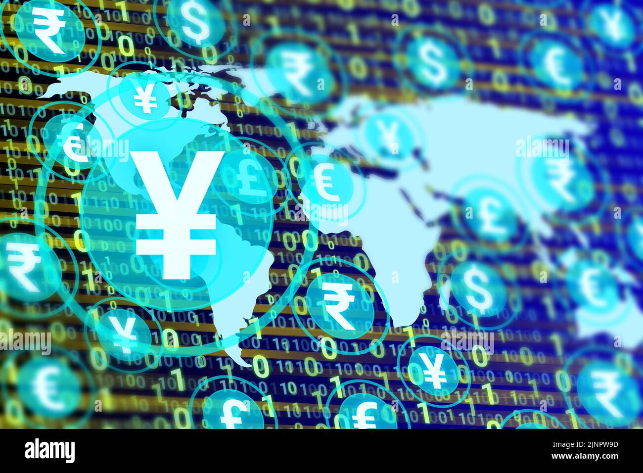 Icona digitale dello yen isolata su altre valute, mappe mondiali e numeri. Concetto per tasso di yen, domanda e popolarità nel mondo. Foto Stock