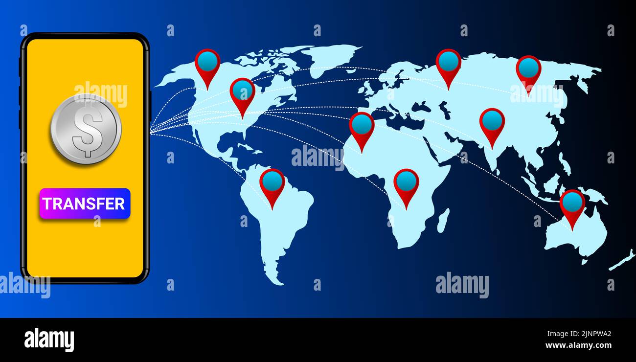 opzione di trasferimento del dollaro nel telefono cellulare con mappa del mondo e posizione. concetto per il business globale, exange, shopping e servizio. Foto Stock