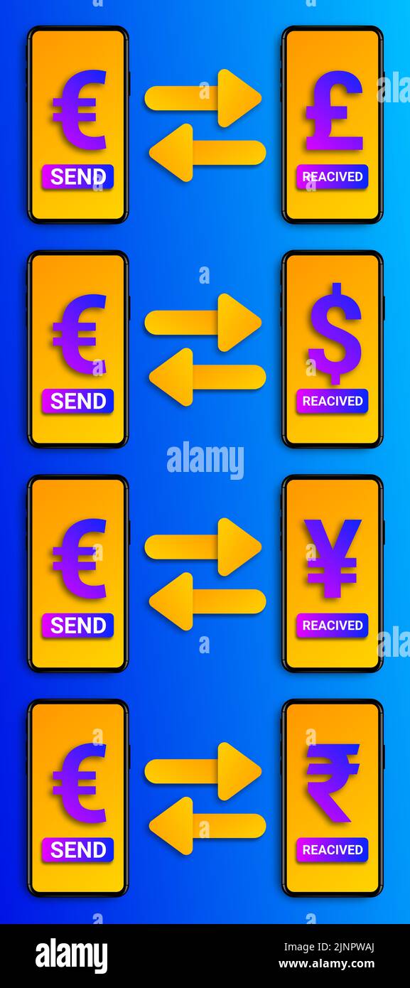 invia euro per ricevere dollari, rupie, yen e sterlina al telefono. concetto per exange, trasferimento di denaro esy e servizio di valuta globale. Foto Stock