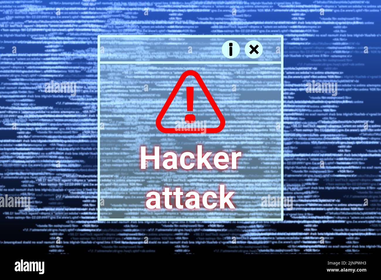 Attacco di hacker, cyber crimine, hacking online, avvertimento e frode sfondo con codice digitale sfocato e cyber crimine parola. Foto Stock