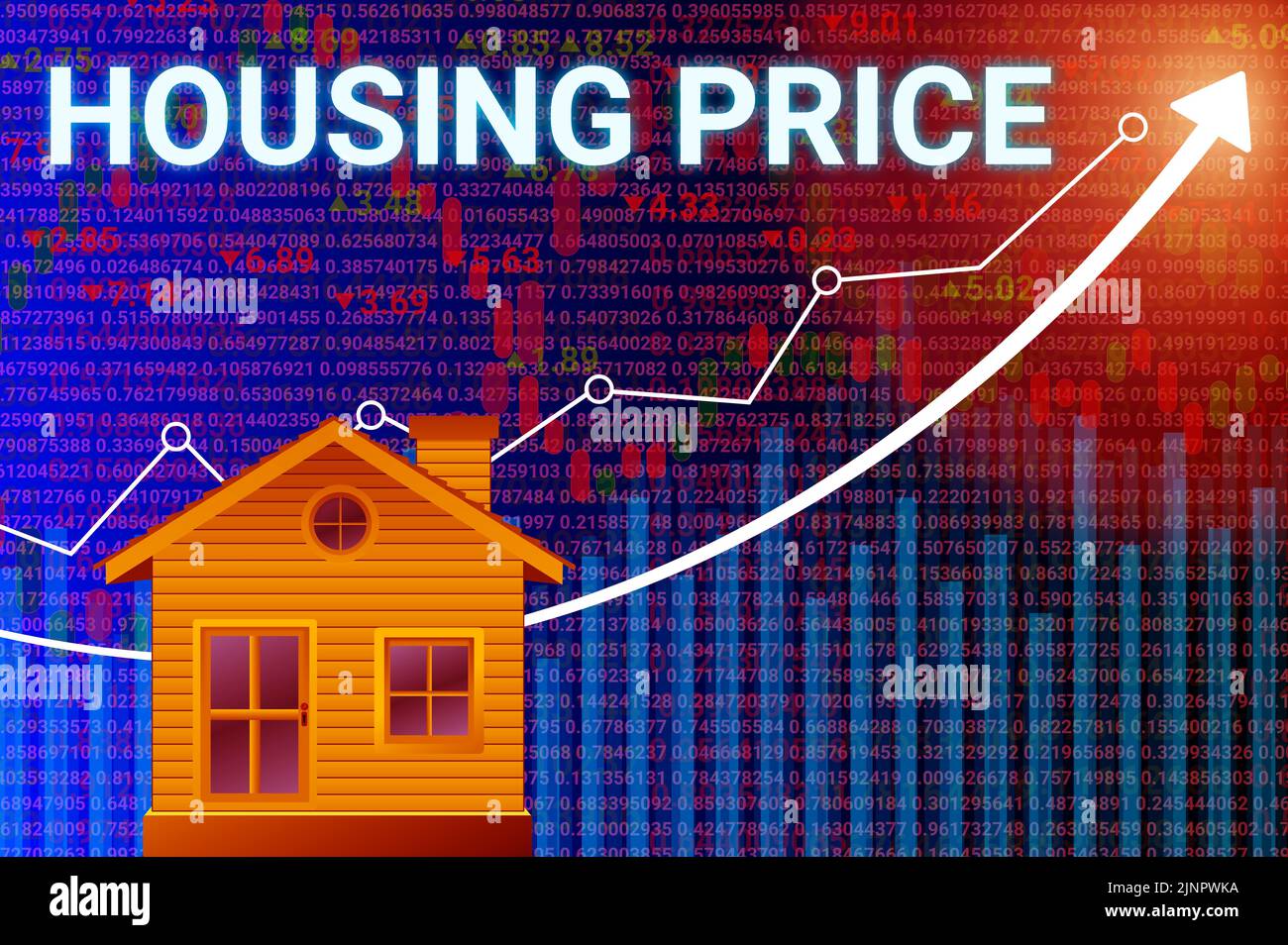 luminoso prezzo delle case intrest parola isolata su grafico e freccia sfondo. concetto di prestiti per la casa, intest, domanda, prezzo di mercato e inflazione immobiliare. Foto Stock