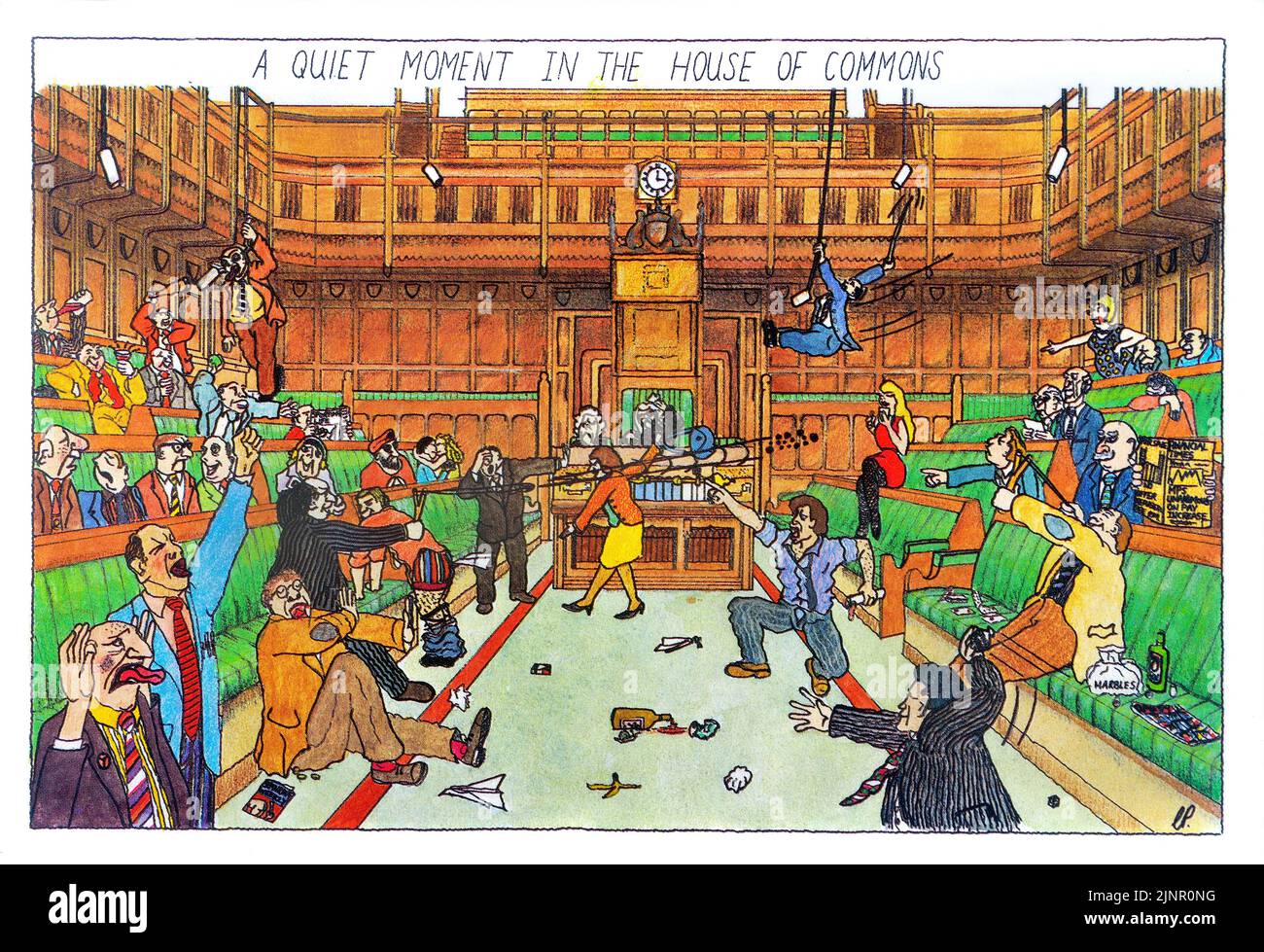 Il tempo delle interrogazioni del primo Ministro alla camera dei comuni. Parlamento, divertente cartolina di Londra degli anni '1980 illustrata da Chris Parker Foto Stock