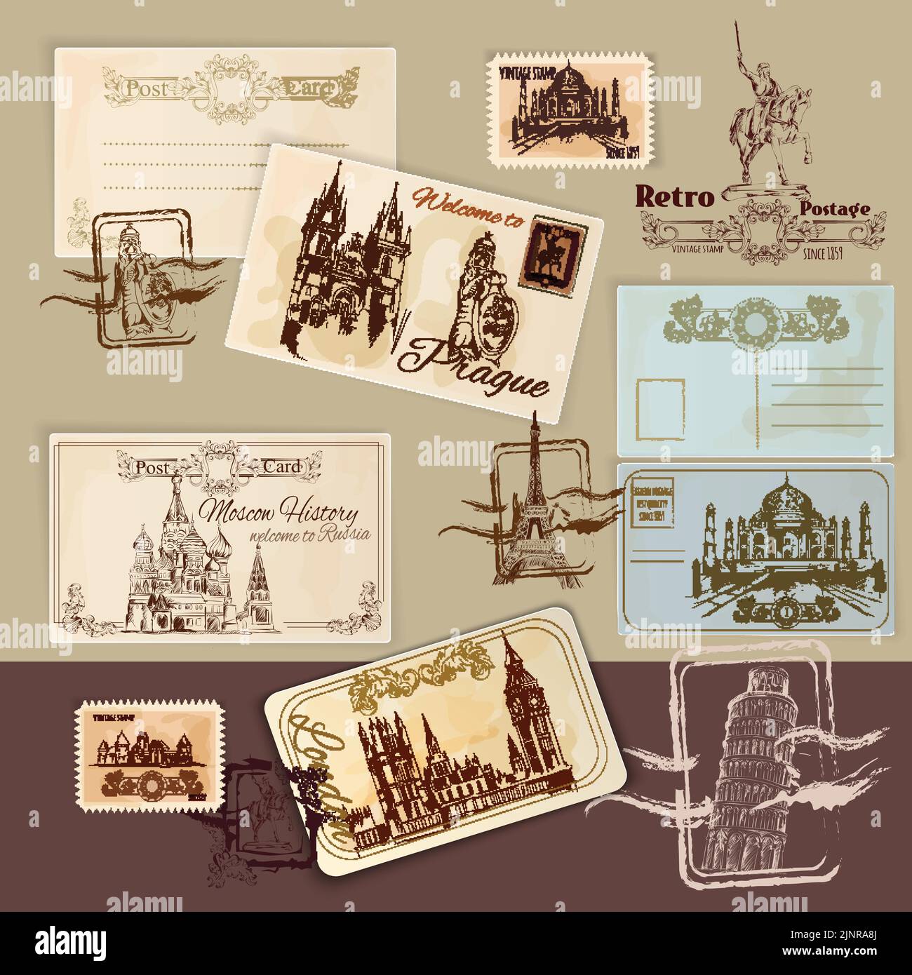 Set di modelli di cartoline d'epoca con punti di riferimento e timbri disegnati a mano illustrazione vettoriale Illustrazione Vettoriale