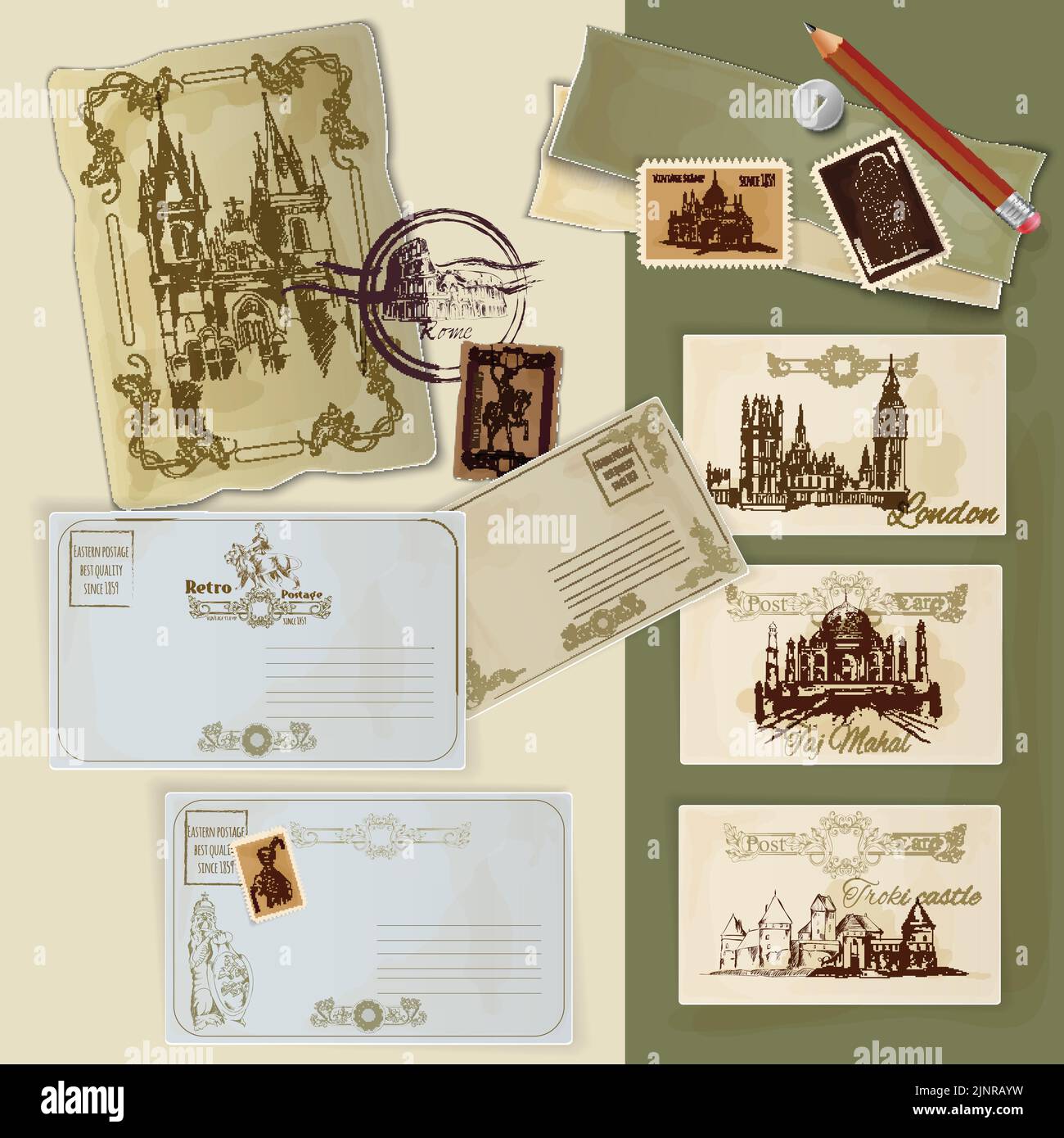 Cartoline d'epoca disegnate a mano insieme con il modello scrapbooking dei punti di riferimento del mondo illustrazione vettoriale Illustrazione Vettoriale