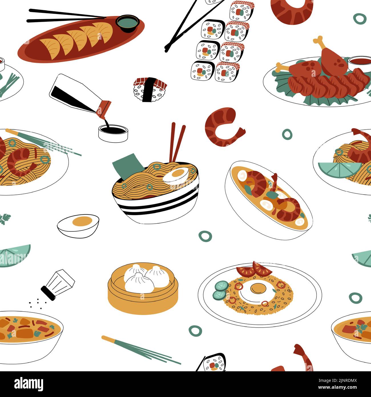 Modello di cibo asiatico. Stampa senza cuciture dei tradizionali cibi piccanti orientali, zuppa con spaghetti in ciotola, sushi, riso fritto con salse e spezie. Vettore Illustrazione Vettoriale