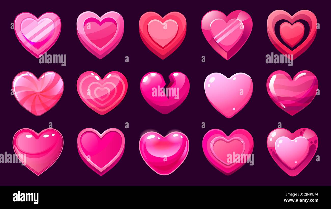 Cuori di gioco. Cartoon asset di Candy UI Hearts per il gioco 2D mobile, icone di interfaccia cuore lucido carino, amore e simbolo di livello di vita eroe. Vettore isolato Illustrazione Vettoriale
