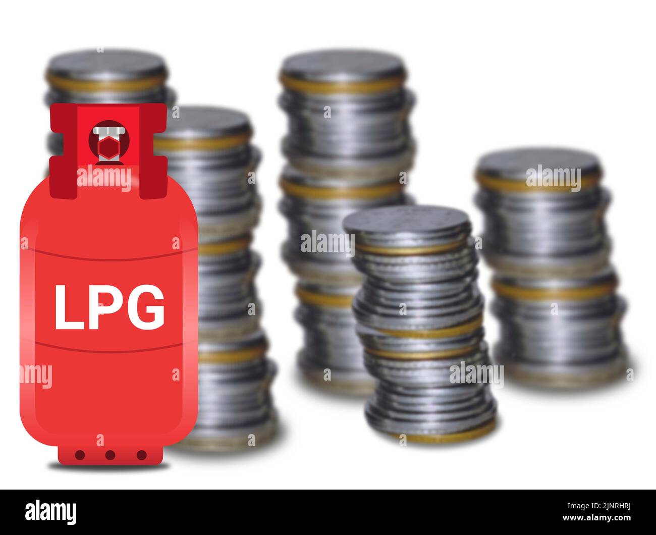 il prezzo del gas di lpg in india sta aumentando quotidiano. bombola di gas su sfondo di moneta di sfocatura. Foto Stock