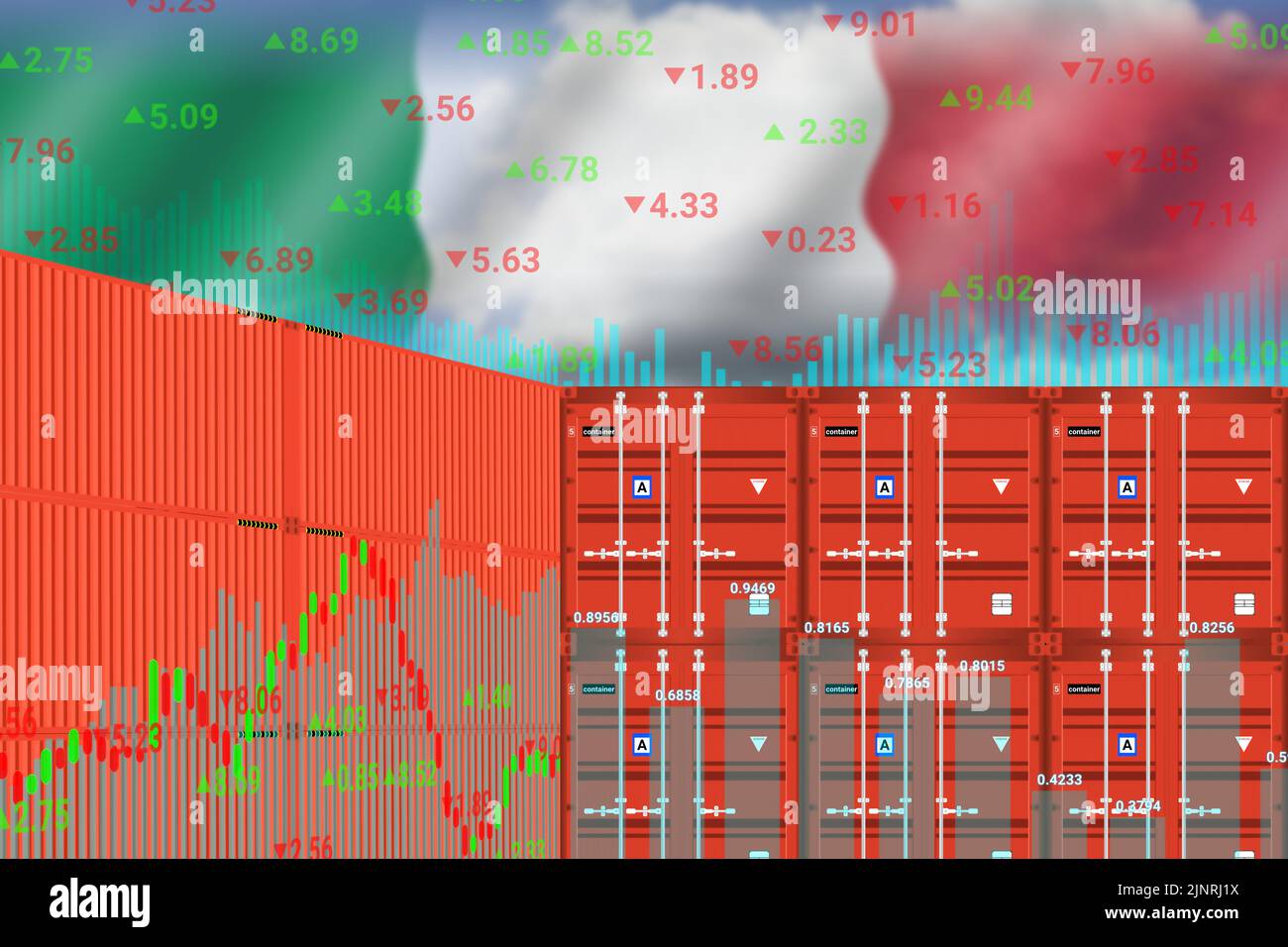 Bandiera Italia trasparente sui grafici up down e contenitore navi Cargo. Concetto per il commercio internazionale, l'analisi delle esportazioni di importazione e il commercio mondiale in Italia Foto Stock