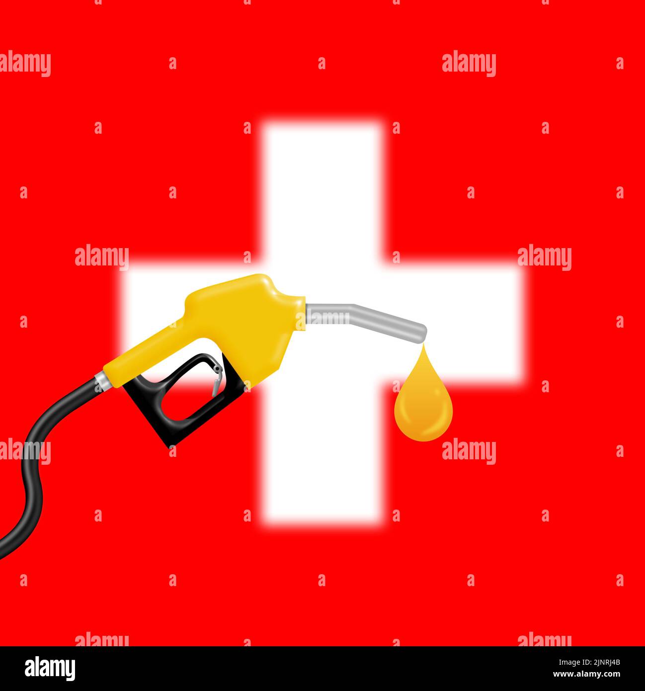 Ugello carburante su Blur Svizzera Bandiera con calo di carburante. Concetto per la domanda e il prezzo della benzina effetto sul risparmio della Svizzera. Foto Stock