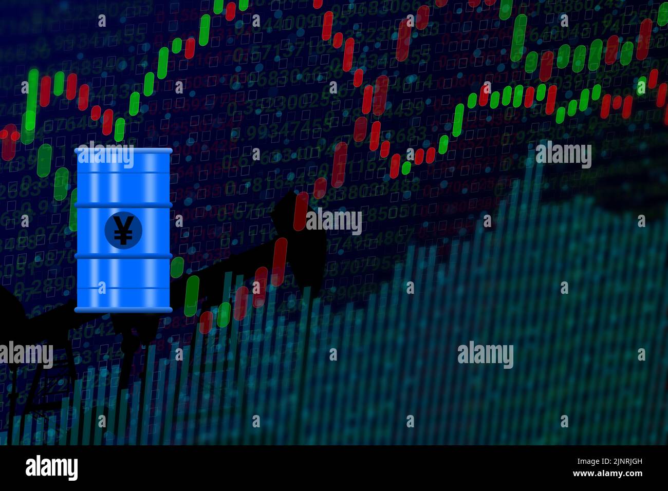simbolo della valuta dello yen sul contenitore dell'olio digitale isolato sui grafici up down. concetto per tasso di carburante e prezzo in yen. Foto Stock