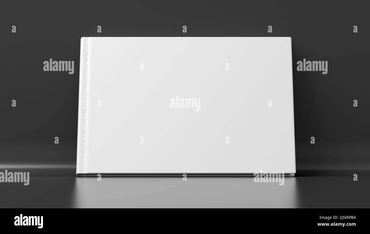 Mockup della copertina rigida orizzontale vuota su sfondo nero. rendering 3d Foto Stock