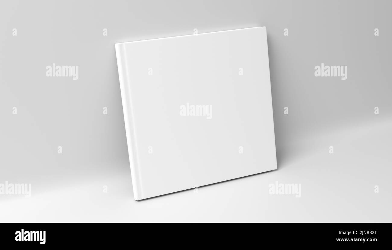 Mockup di copertina rigida quadrata vuota che si erge su sfondo bianco. rendering 3d Foto Stock