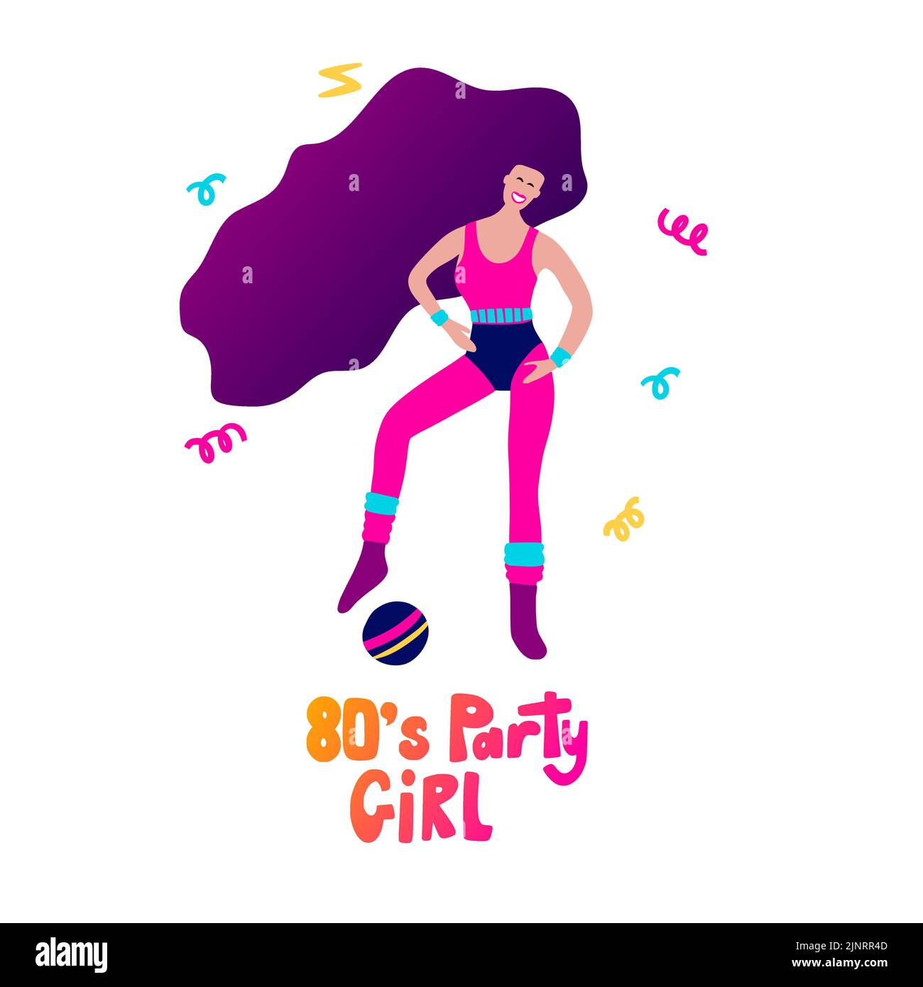 Festa in discoteca 70s 80s. Donna dance retro festa poster. Moda aerobica Illustrazione Vettoriale