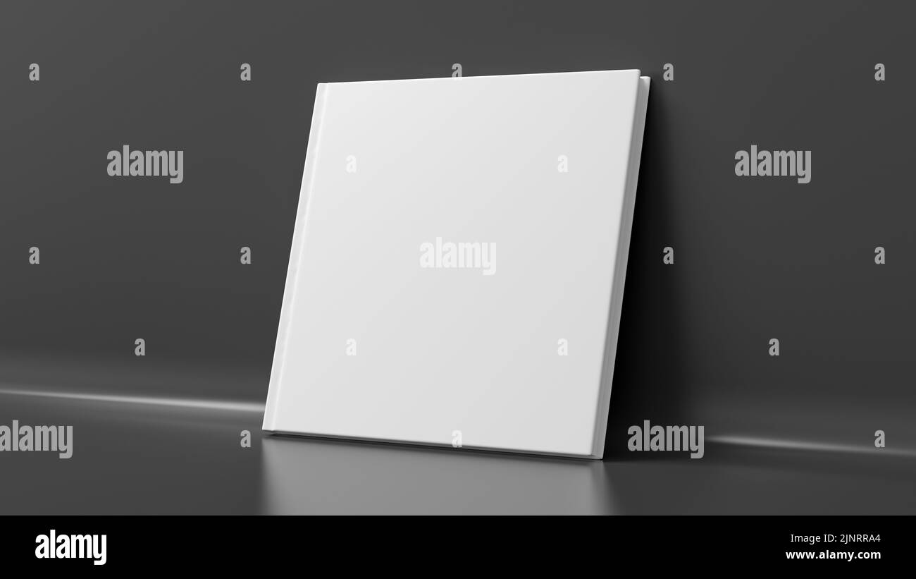 Mockup di copertina rigida quadrata vuota che si erge su sfondo nero. rendering 3d Foto Stock