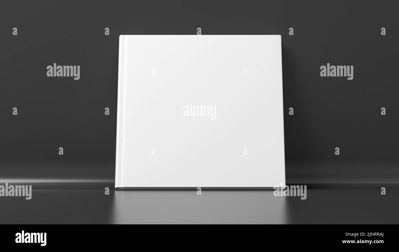 Mockup di copertina rigida quadrata vuota che si erge su sfondo nero. rendering 3d Foto Stock