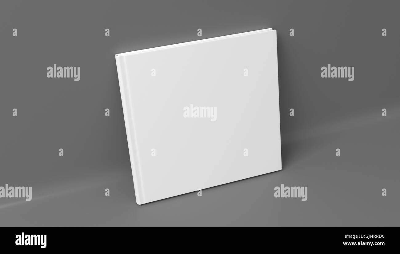 Mockup di copertina rigida quadrata vuota che si erge su sfondo grigio. rendering 3d Foto Stock