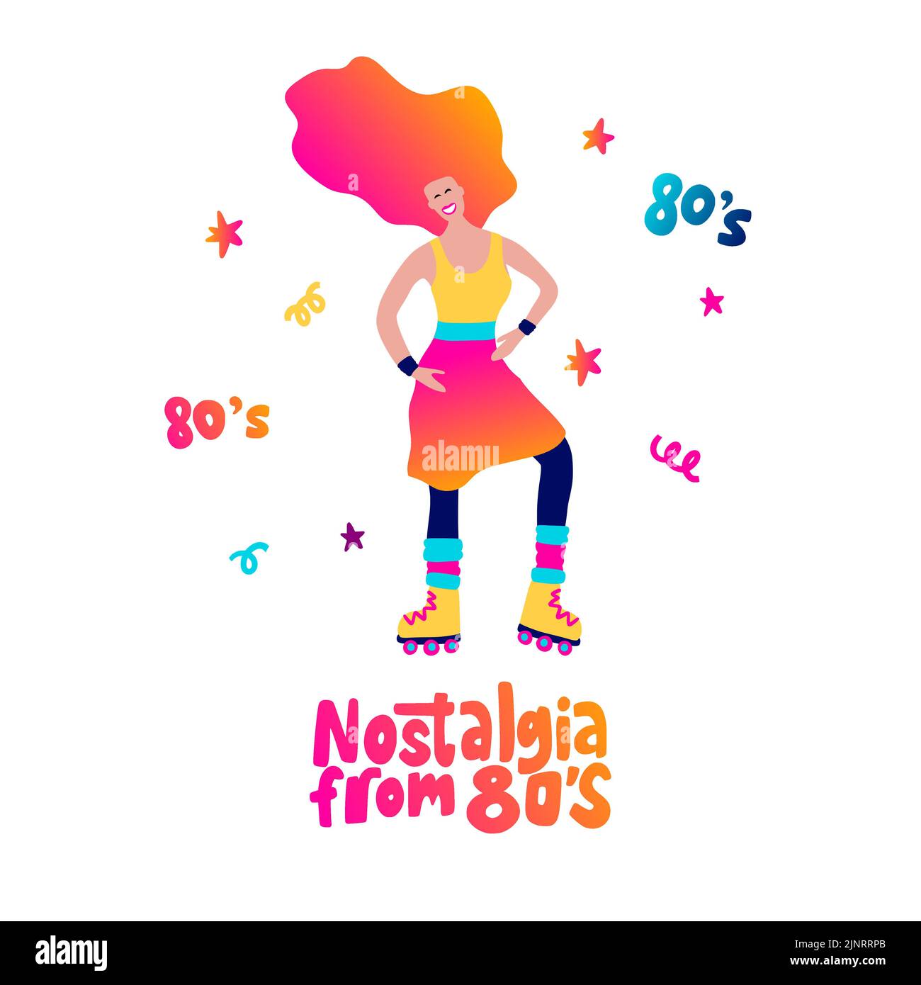 Festa in discoteca 70s 80s. Donna dance retro festa poster. Roller Skates Fashion Illustrazione Vettoriale