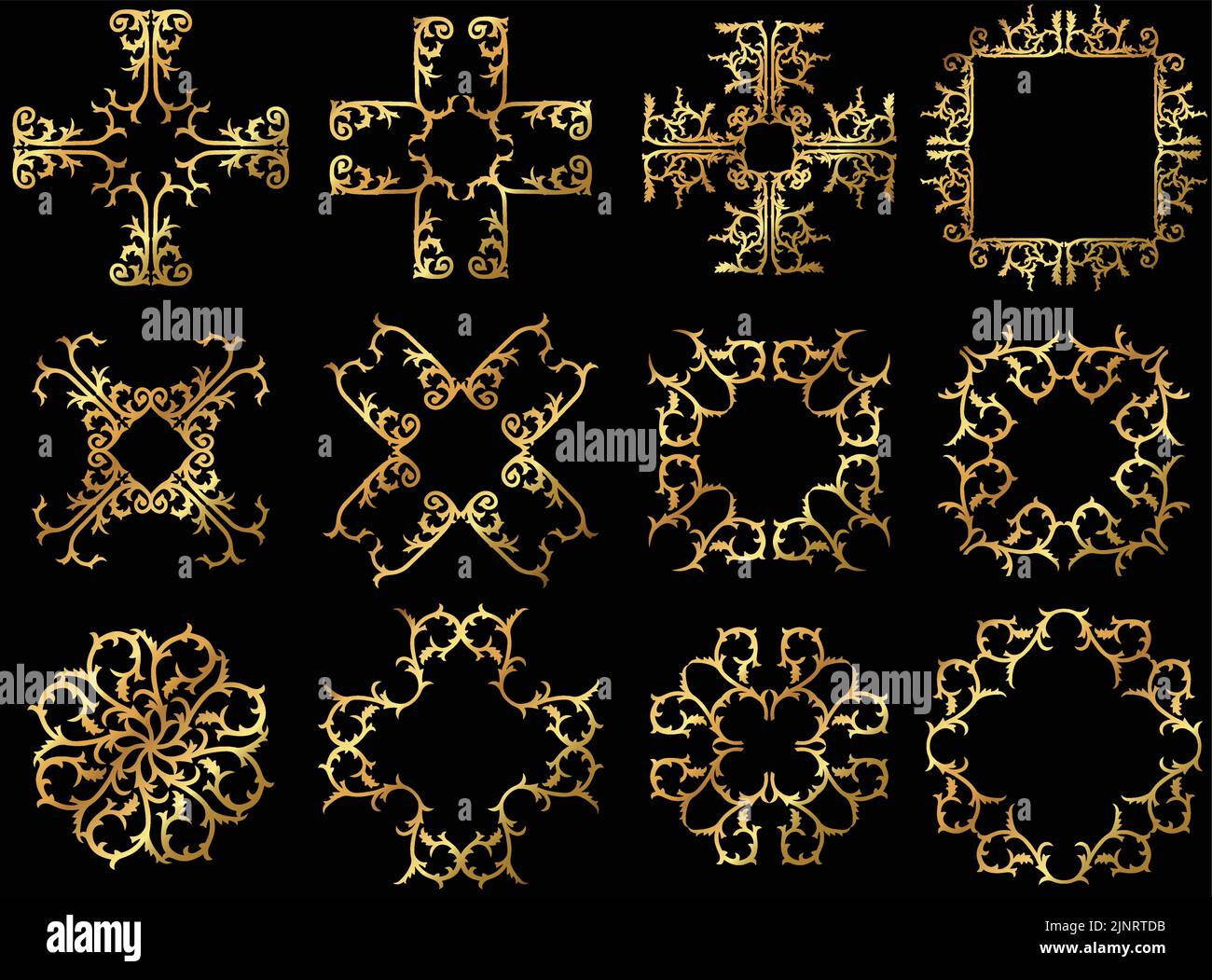 Una serie di bordi e cornici floreali decorativi in oro vettoriale d'epoca. Illustrazione Vettoriale