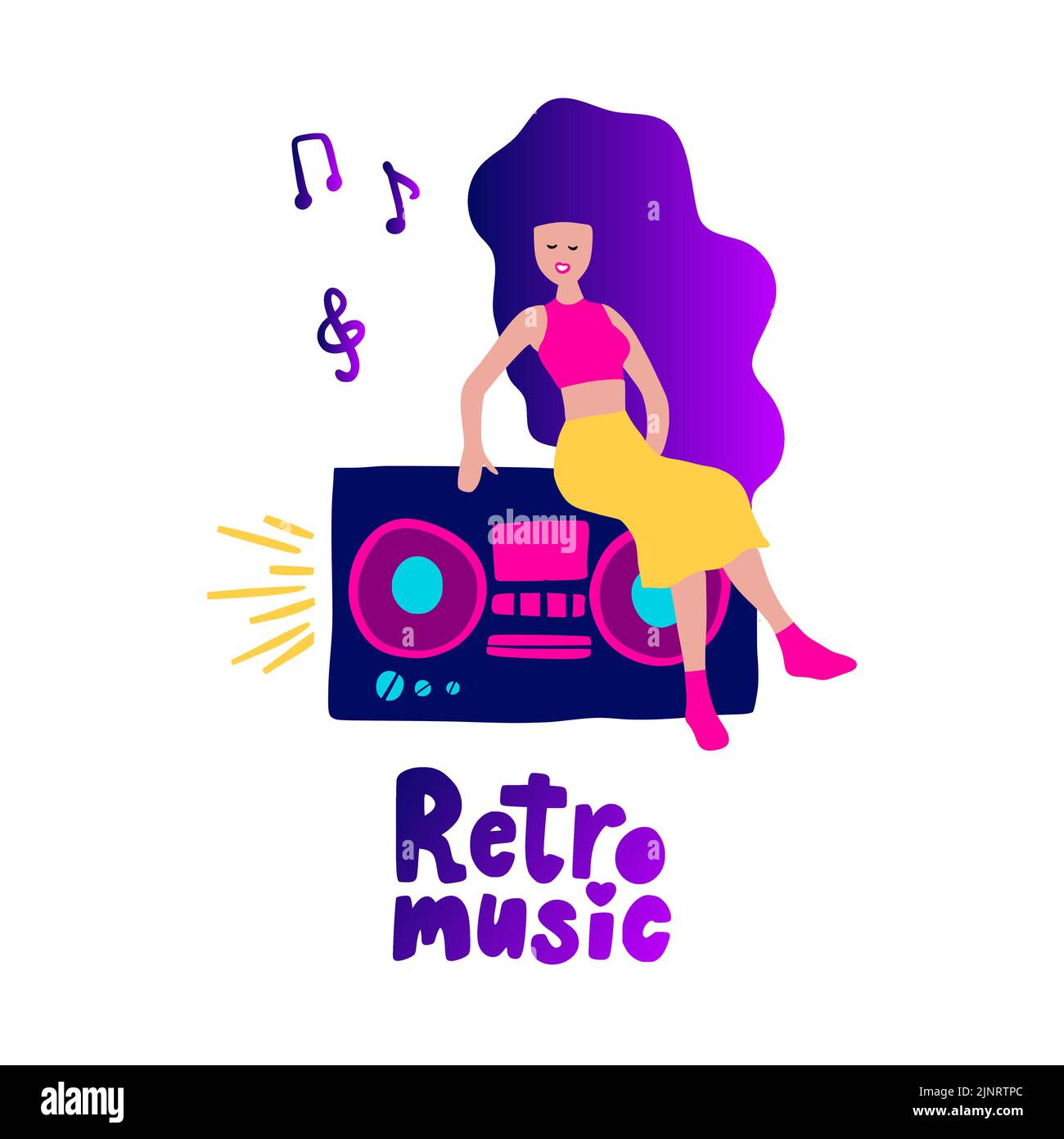 Festa in discoteca 70s 80s. Donna boombox danza retro serata poster. Moda del Club della Musica retro Illustrazione Vettoriale