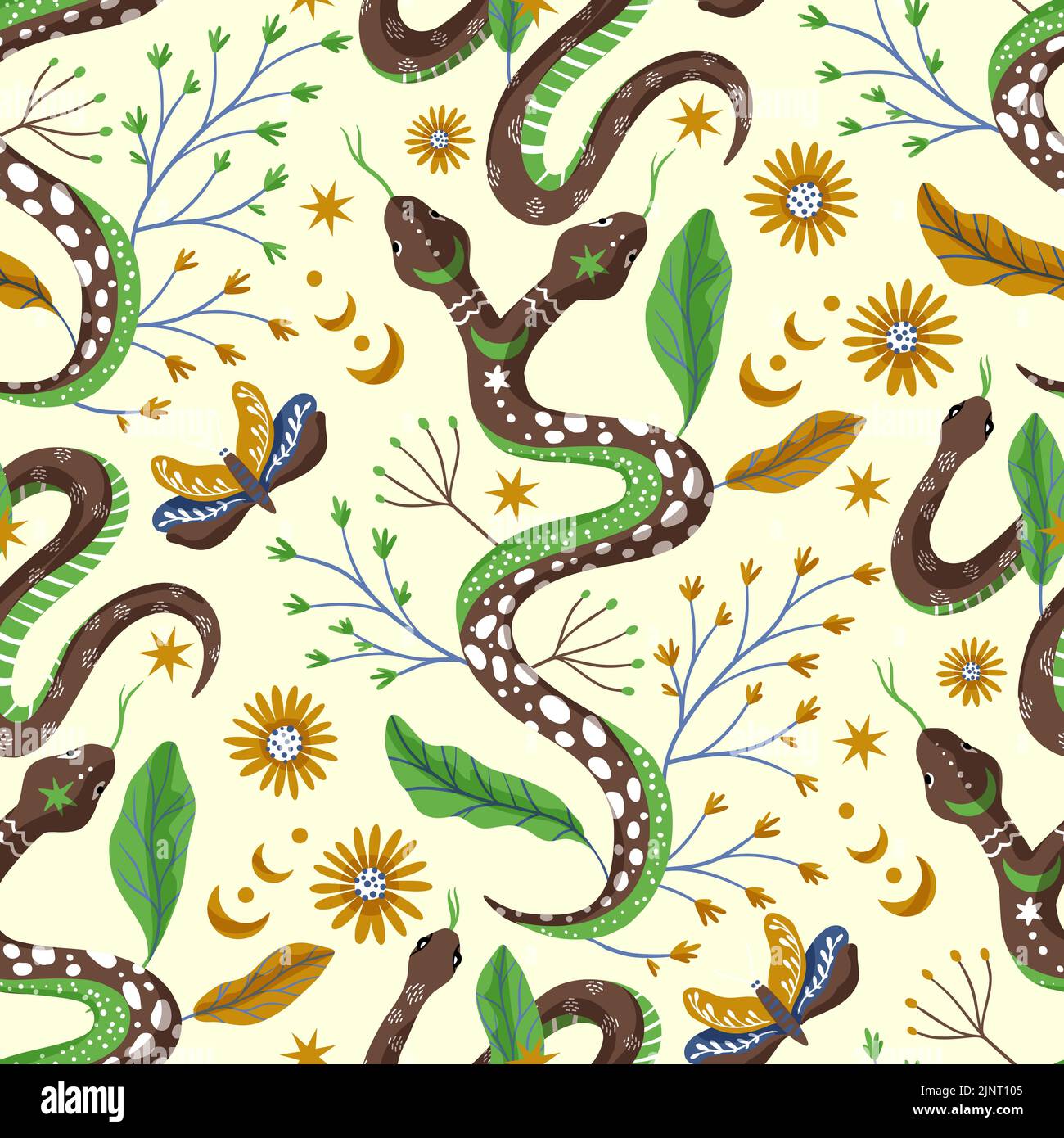 Motivo senza cuciture vintage di serpenti e fiori. Foresta tropicale animale tessuto serpente arte Illustrazione Vettoriale