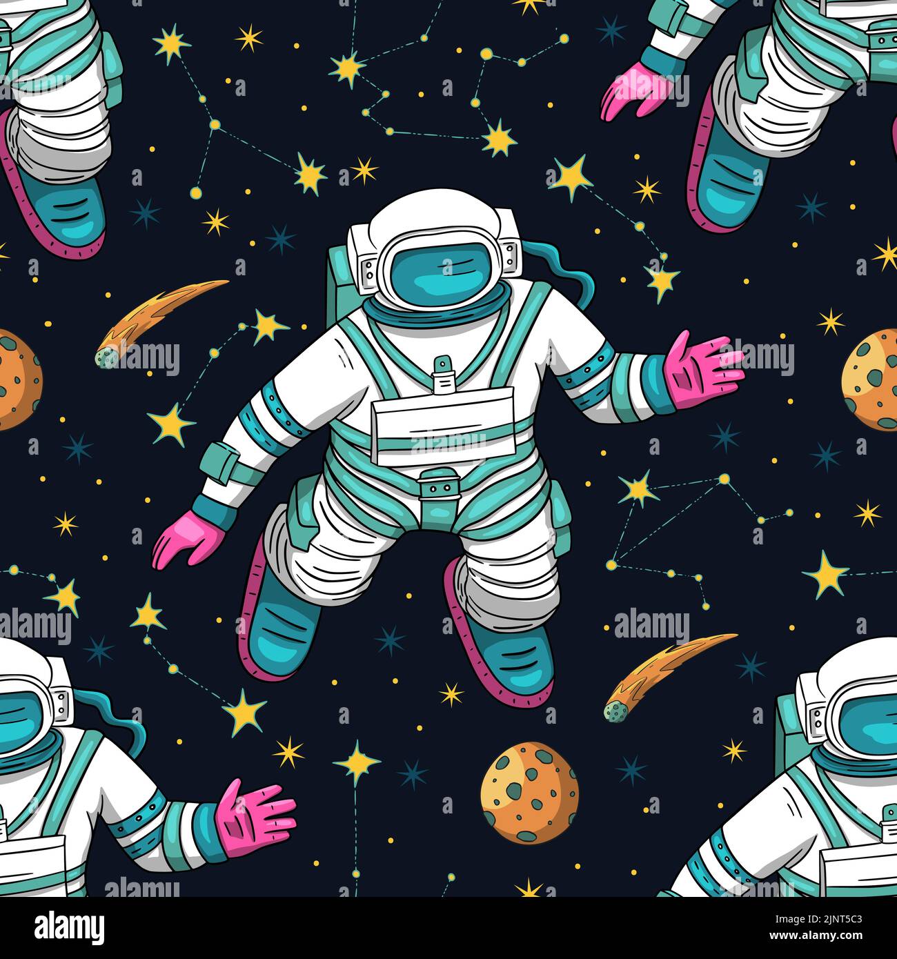 Pattern vettoriale spaziale senza giunture per astronauta. Design platet con texture lunare e stampa doodle per bambini Illustrazione Vettoriale