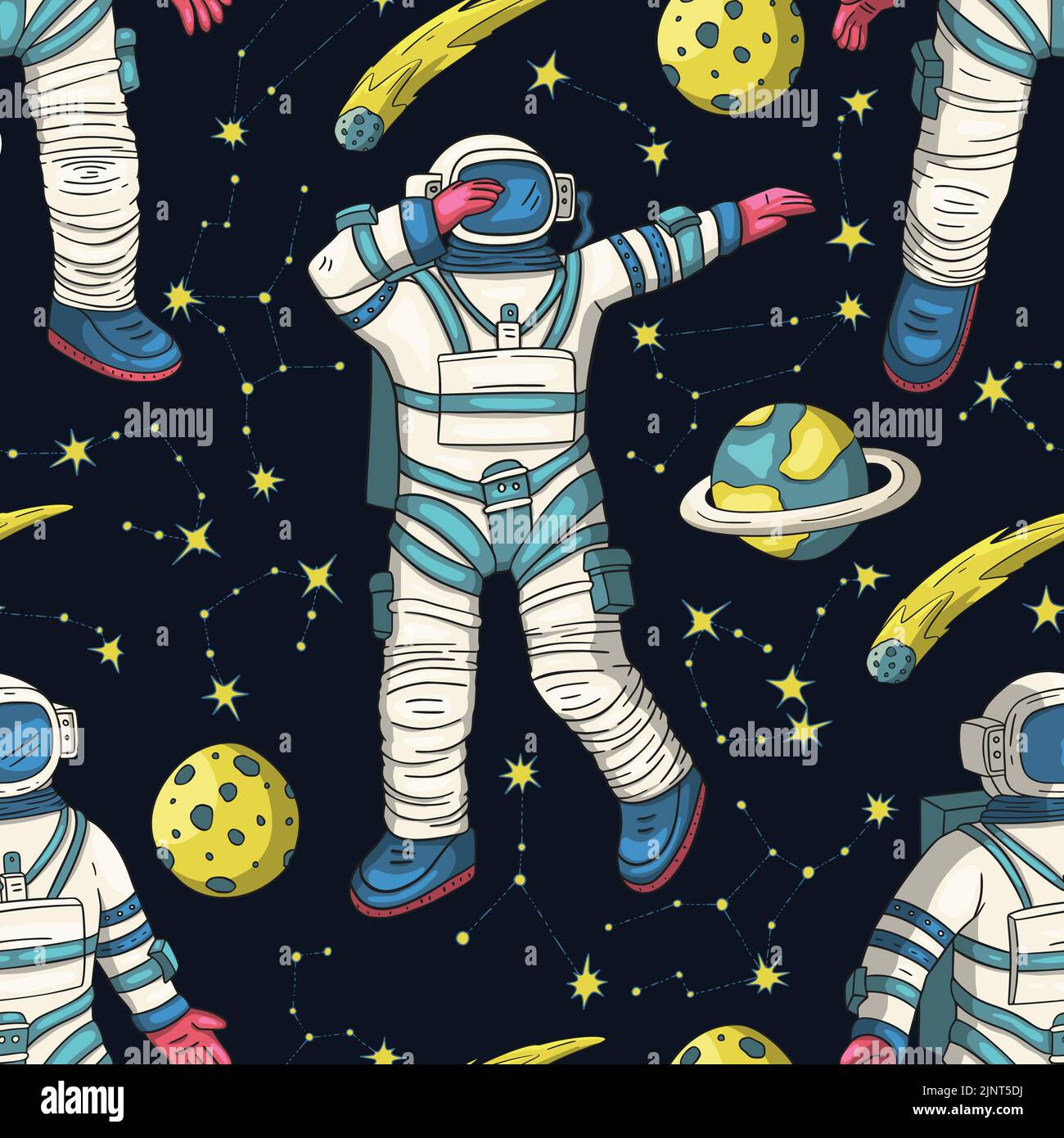 Pattern vettoriale spaziale senza giunture per astronauta. Design platet con texture lunare e stampa doodle per bambini Illustrazione Vettoriale