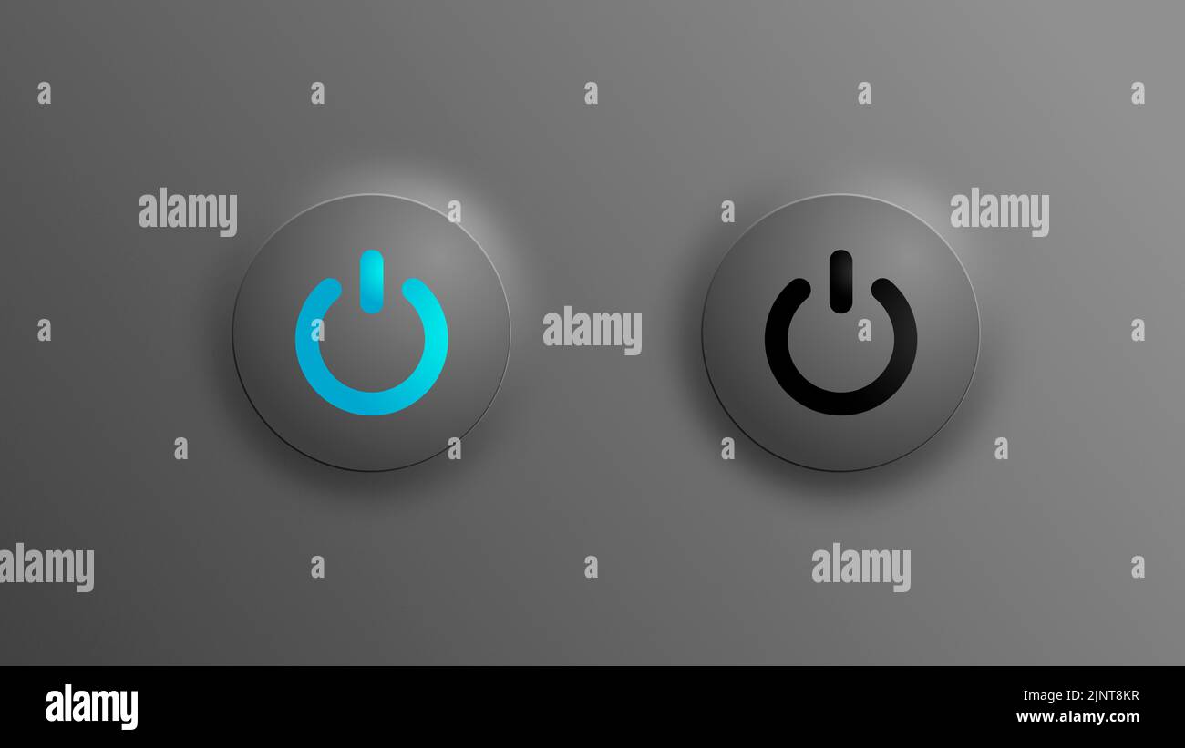 Pulsanti di accensione in stile neumorphism (Soft UI). Icone di commutazione minimaliste per il design di siti Web o applicazioni. Elementi dell'interfaccia utente in modalità scura. Foto Stock