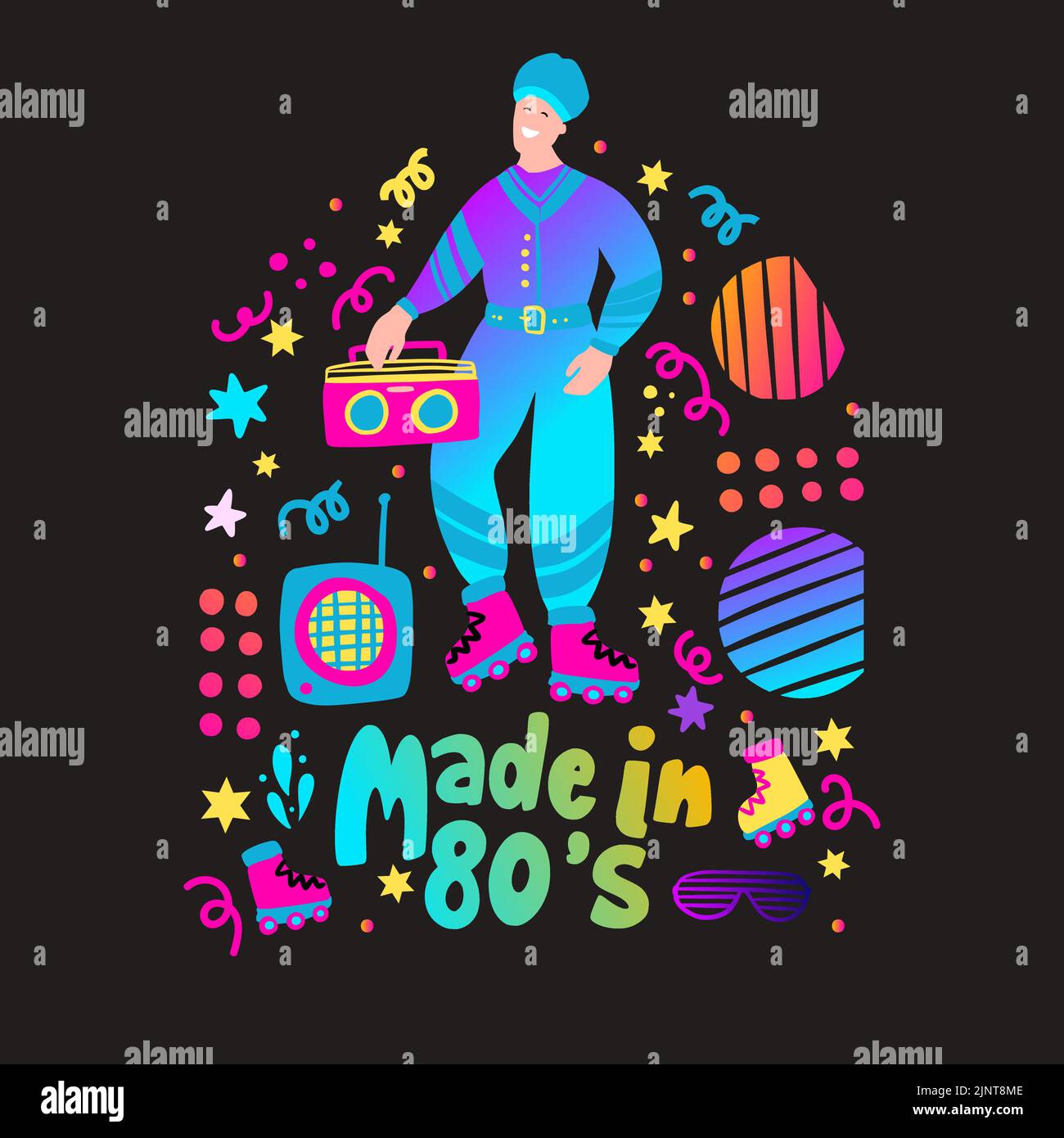 Realizzato nel 80s. Festa in discoteca 70s 80s. Uomo boombox danza retro serata poster. Moda del Club della Musica retro Illustrazione Vettoriale