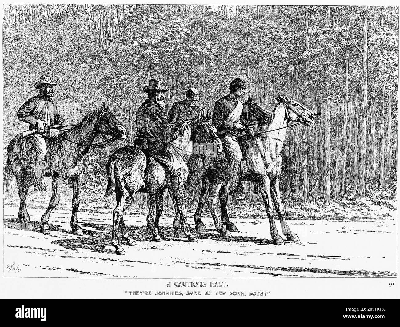 Un arresto cauto - 'sono Johnnies, sicuro come Yer sopportato, ragazzi!' Illustrazione della guerra civile americana del 19th secolo di Edwin Forbes Foto Stock