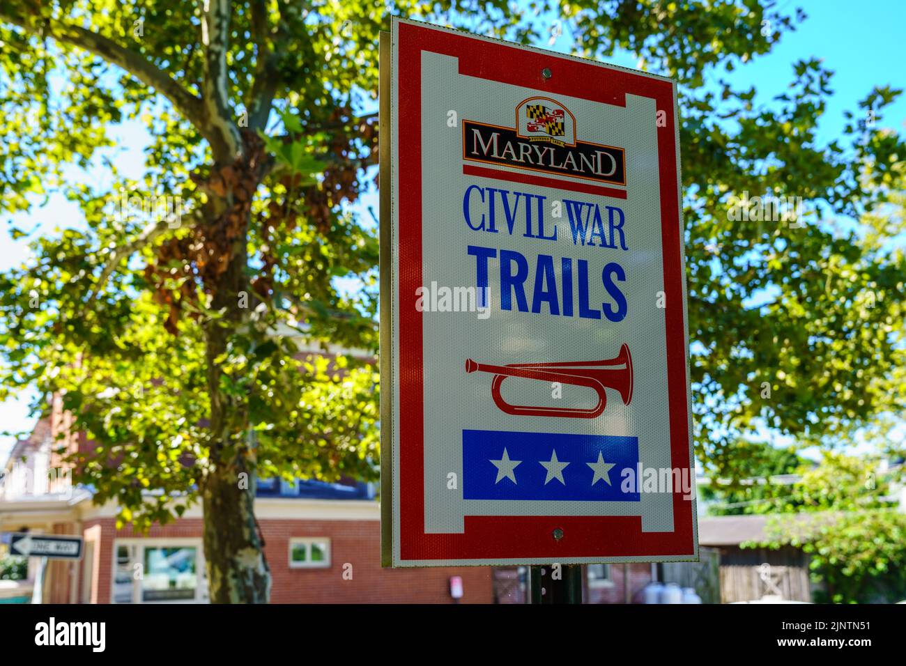 Deposito portuale, MD, USA – 13 agosto 2022: Maryland segni della Guerra civile Trails nella zona commerciale della città, vicino a un segno storico su Snow’s Batte Foto Stock