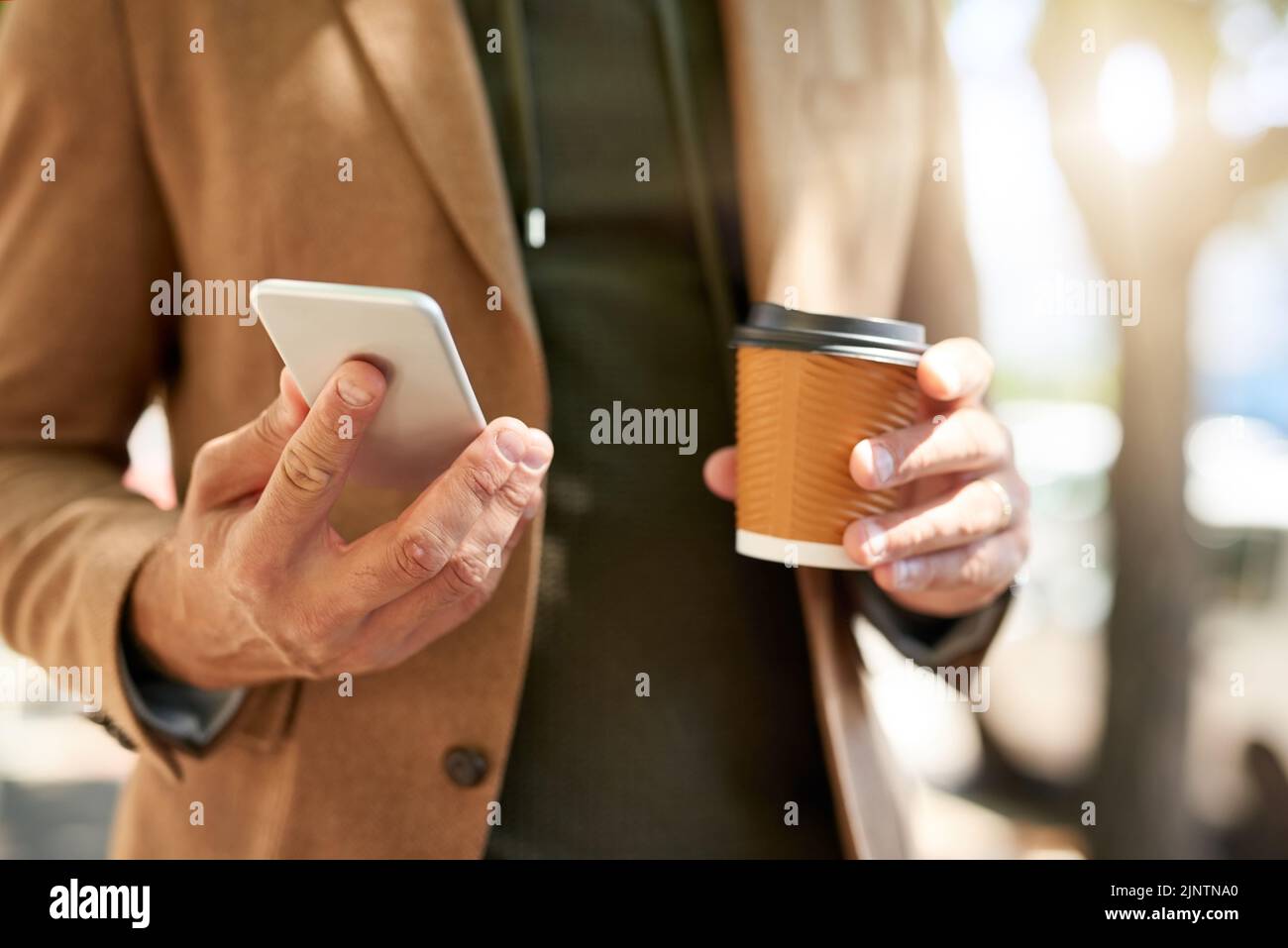 La comunicazione è fondamentale anche durante il viaggio: Un uomo irriconoscibile che invia un messaggio di testo durante il viaggio mattutino. Foto Stock
