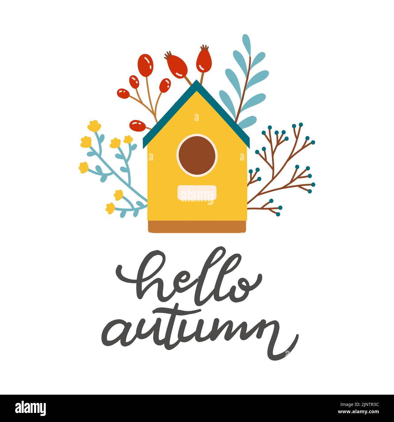 Ciao autunno birdhouse autunno stagione elementi vettoriali Illustrazione Vettoriale