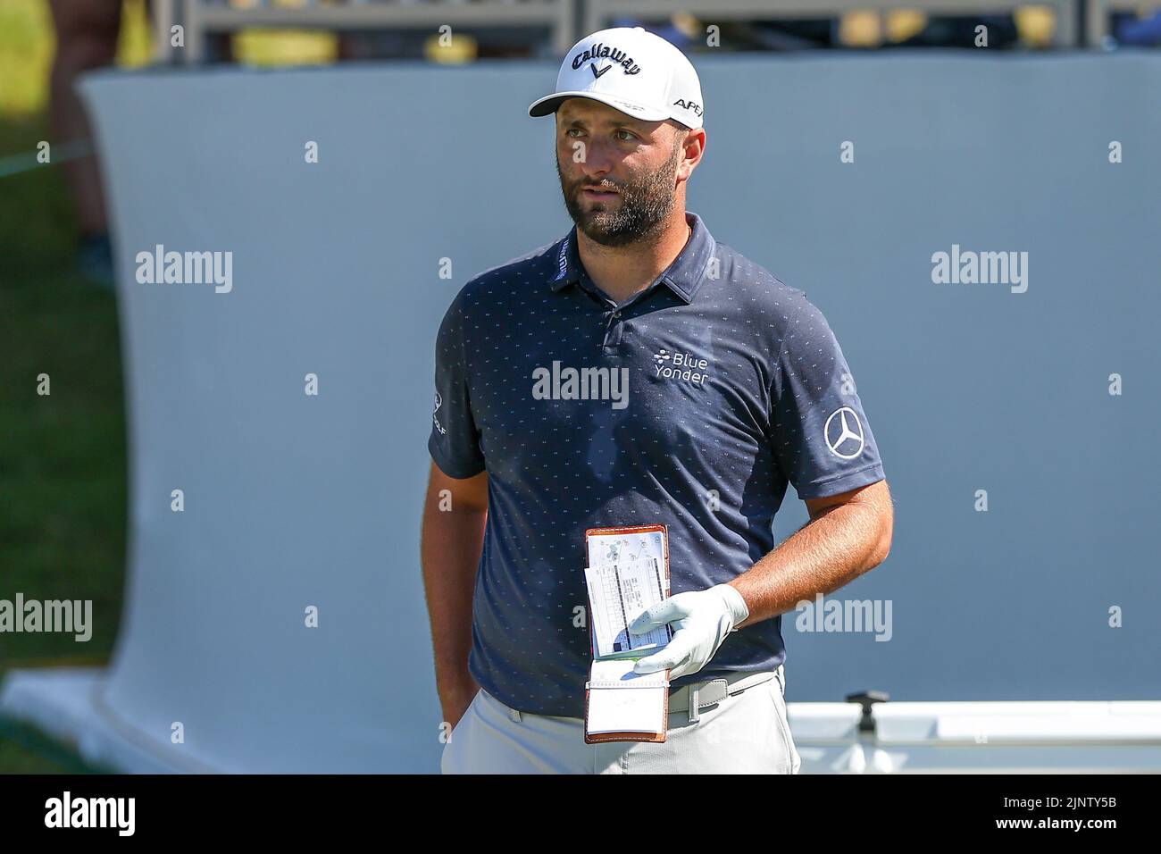 13 agosto 2022: Jon Rahm al tee 1st durante il terzo round del torneo di golf FedEx St. Jude Championship al TPC Southwind di Memphis, Tennessee. Terreno grigio Siegel/Cal Sport Foto Stock