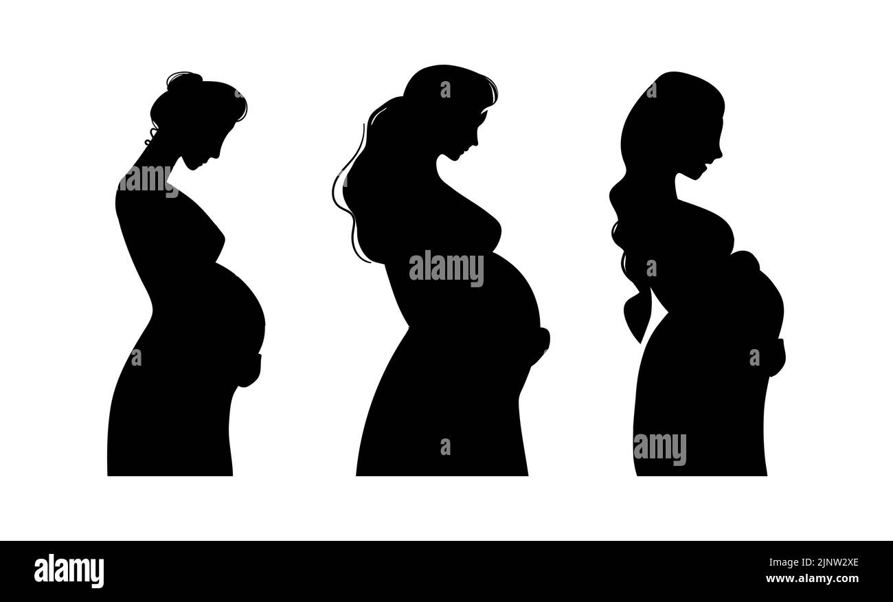 Set di silhouette nere di diverse donne in gravidanza vista laterale. Profilo di una mommia che si aspetta la nascita di un bambino, illustrazione vettoriale isolata su un wh Illustrazione Vettoriale
